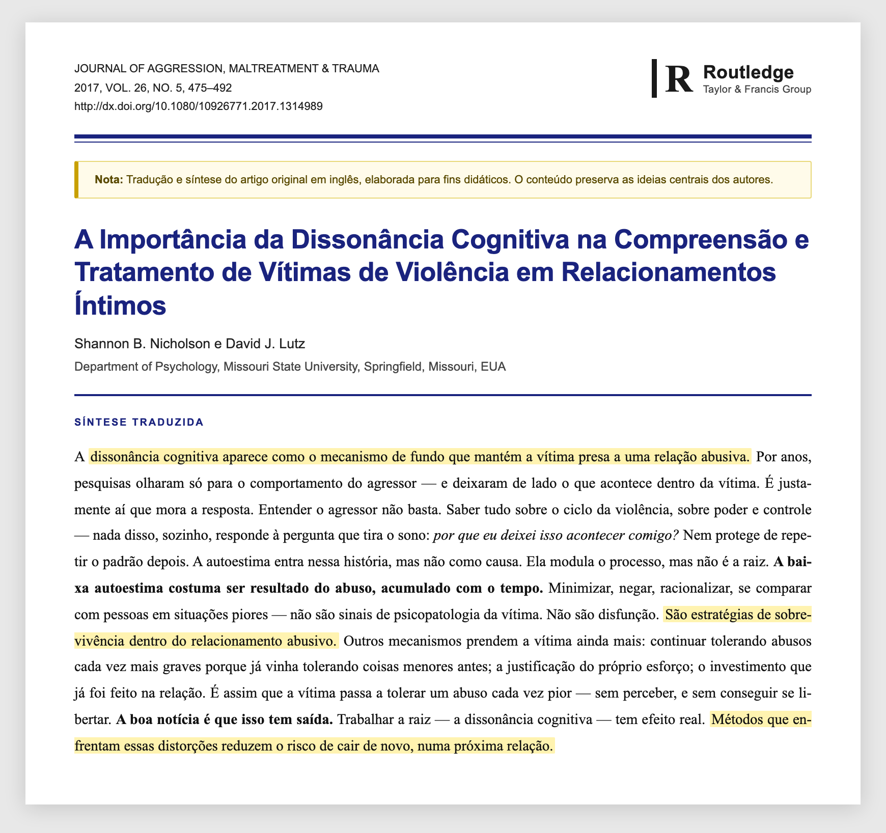 Estudo: A Importância da Dissonância Cognitiva na Compreensão e Tratamento de Vítimas de Violência em Relacionamentos Íntimos — Nicholson & Lutz, Journal of Aggression, Maltreatment & Trauma, 2017